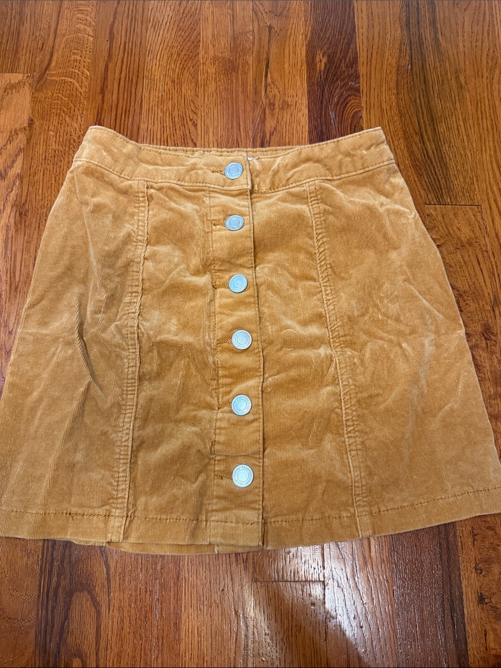 Button-Front Mini Corduroy Skirt in Tan